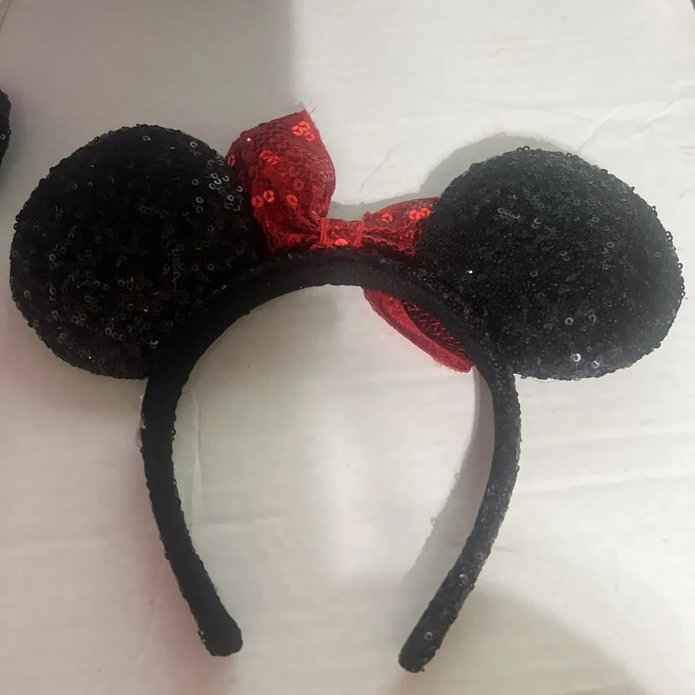 Disney Parks Black & Red Sequin Minnie Mouse Ears‎ Headband Bow Adult OS Mickey